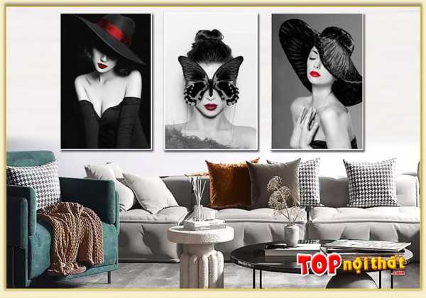 Tranh canvas hình cô gái 3 tấm đen trắng treo phòng khách nhà phố TraTop-3553