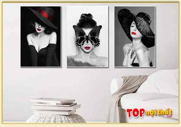 Tranh canvas hình cô gái 3 tấm đen trắng treo phòng ngủ TraTop-3553