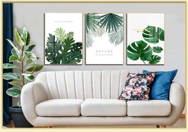 Tranh Canvas lá cây nhiệt đới hiện đại treo trên sofa văng TraTop-3595