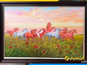 tranh sơn dầu bát mã ngựa phi trên thảo nguyên